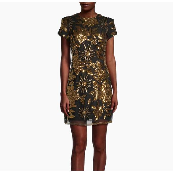 Milly Kyla Holiday Nights Sequin Mini Dress Black Gold Floral NEW 8 Cocktail - Picture 1 of 9
